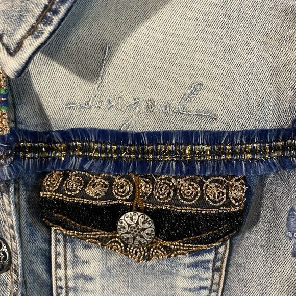 DESIGUAL Denim Jacket Womens EU 36 (US 6) Designer Artistic Knit Sleeve Boho - Picture 4 of 13